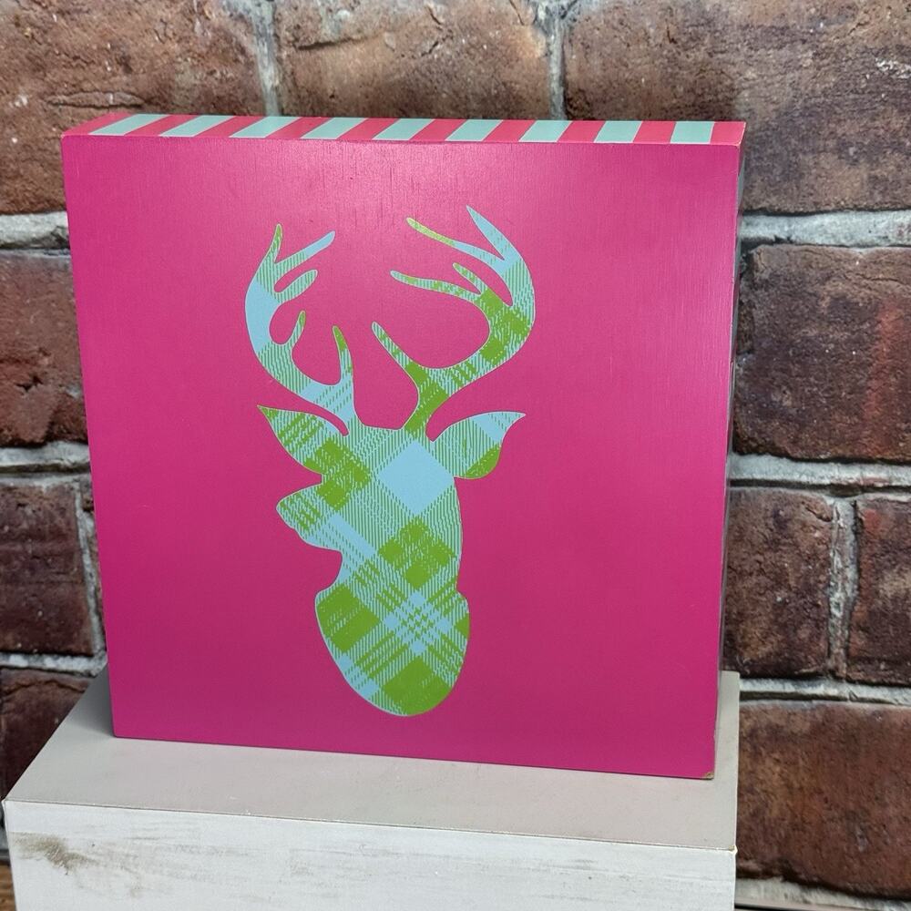 Wood‎ Sign Plaque Pink Plaid Deer Macbeth Collection By Margaret Joseph Hearts